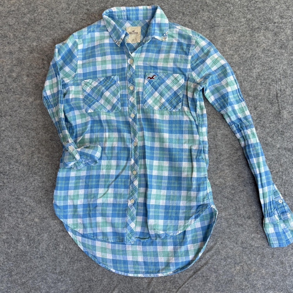 Hollister Shirt Womens XS Blue Green Plaid Button‎ Down Embellished Collar Y2K